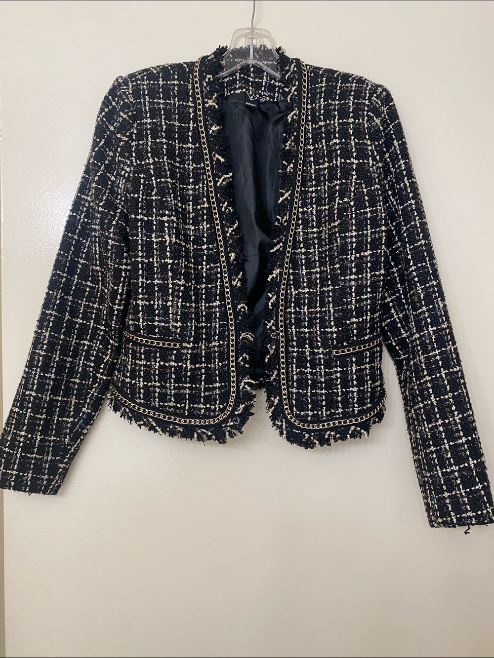 Windsor Black & Cream Tweed Fringed Open-Front Blazer